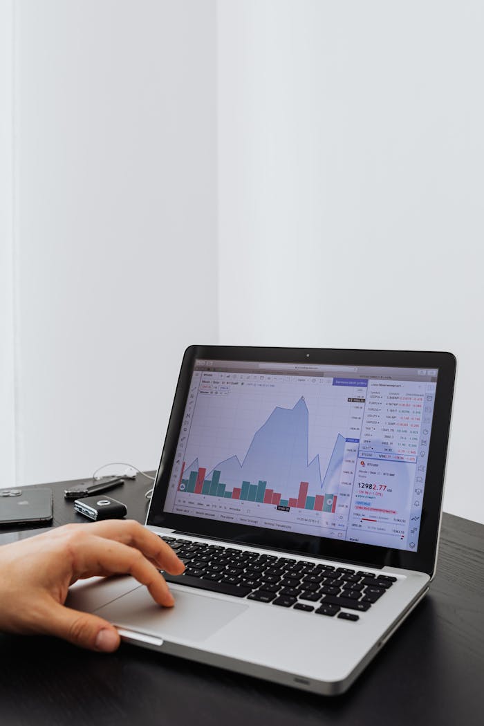 A person analyzing financial data on a laptop with graphs displayed on the screen.